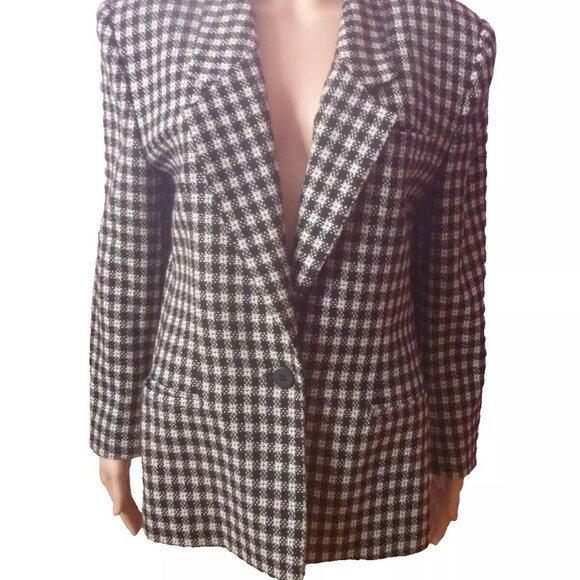 Jones New York Women 100% Pure Wool Black White Blazer 10 Checkered Lapel Single - Picture 2 of 16